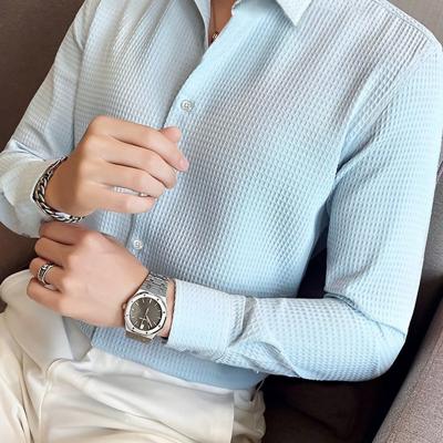 Bon&Bon Men's Waffle Knit Shirt - Black Long Sleeve Button Front Blue / XL