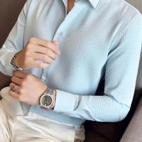 Bon&Bon Men's Waffle Knit Shirt - Black Long Sleeve Button Front Blue / XL