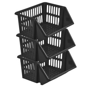 Mand/organizer - 3x - stapelbaar - zwart - 35 x 29 x 27 cm