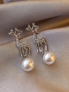 Christmas Rhinestone Elk Imitation Pearl Dangle Earrings