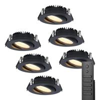 6x LED inbouwspots Rome - Zwart - 6 Watt 500 lumen - Kantelbaar - Dimbaar - 2700K warm wit - IP44 Waterdicht - Inclusief afstandsbediening - Geringe inbouwdiepte