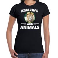 T-shirt leeuwen amazing wild animals / dieren zwart voor dames - thumbnail