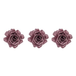 6x stuks decoratie bloemen roos roze glitter op clip 10 cm