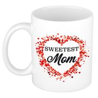 Sweetest mom kado mok / beker met hartjes voor Moederdag / verjaardag