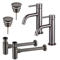 Fortifura Calvi Slim Wastafelkraanset - voor dubbele wastafel - lage wastafelkraan - always open plug - design sifon - Geborsteld Gunmetal PVD 2x SW766538/2x SW769487/2x SW767297