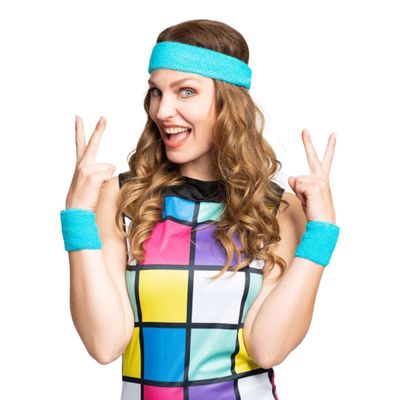 Foute 80s/90s party verkleed accessoire zweetbandjes set - turquoise - jaren 80/90 thema feestje