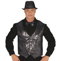 Verkleed set voor heren - gilet/vlinderstrikje/hoed - zwart - pailletten - one size - carnaval