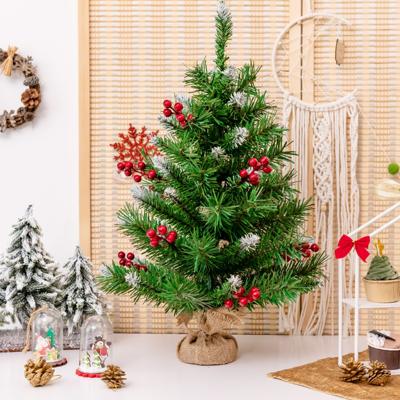 60 cm Tafel Kerstboom Levensechte Kerstboom met 76 PVC Takken Rode Bessen Clusters Jute Bedekte Cement Standaard Mini Kerst Decor