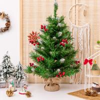 60 cm Tafel Kerstboom Levensechte Kerstboom met 76 PVC Takken Rode Bessen Clusters Jute Bedekte Cement Standaard Mini Kerst Decor