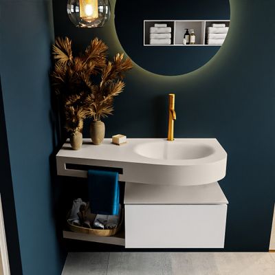 MONDIAZ RIVA 100cm badmeubel onderkast / planchet kleur Talc met 1 lade. Wastafel DULCET rechts 1 kraangat kleur Linen. MONDIAZ RIVA 100cm badmeubel onderkast / planchet kleur Talc met 1 lade. Wastafel DULCET rechts 1 kraangat kleur Linen.