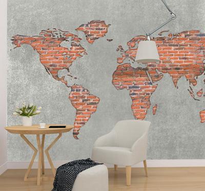 Fotobehang 3d Baksteeneffect kleurrijke wereldkaart