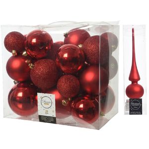 Kerstversiering kunststof kerstballen met piek rood 6-8-10 cm pakket van 27x stuks