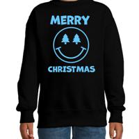 Kersttrui/sweater voor jongens/meisjes - Merry Christmas - zwart - smiley - glitter blauw