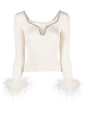 Self-Portrait Ribgebreide top met manchetten met veren - Wit