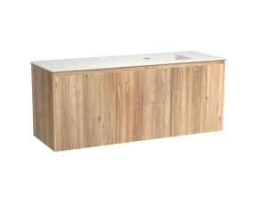 Storke Seda zwevend badmeubel met draaideur 150 x 52 cm ruw eiken met Mata asymmetrisch rechtse wastafel in matte Solid Surface