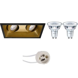 LED Spot Set - Pragmi Zano Pro - GU10 Fitting - Inbouw Rechthoek Dubbel - Mat Zwart/Goud - Kantelbaar - 185x93mm - Philips - CorePro 840 36D - 4.6W - Natuurlijk Wit 4000K