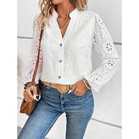 Dames Blouse Katoen Effen Kleur Geborduurd Uitgesneden Dagelijks Elegant Stijlvol Modern Lantaarn mouw Lange mouw V-hals Wit Lente Herfst Lightinthebox - thumbnail