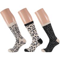 Dames fashion sokken 3-pak luipaard print beige/zwart maat 35-42 35/42  -