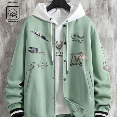Bon&Bon Men's Cartoon Bear Print Bomber Jacket | Black Casual Coat Green / M