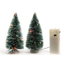 2x stuks kerstdorp onderdelen miniatuur boompjes met gekleurde verlichting 15 cm - thumbnail