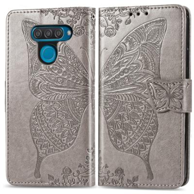 Butterfly Love bloemen reliëf horizontale Flip lederen case voor LG q60 met houder & kaartsleuven & portemonnee & Lanyard (grijs)