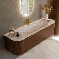 Badmeubel Mondiaz Kurve-Dlux | 160 cm | Meubelkleur Walnut | Wastafelkleur Nata | Solid surface | Wasbak midden spoelbak | 1 kraangat