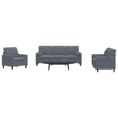 3-delige Loungeset met kussens en bolsters fluweel donkergrijs