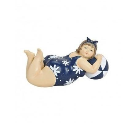 Beeld dikke dame - blauw/wit - polystone - 20 cm - decoratie beeldje