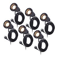 6x Sydney Prikspot - GU10 - Plug & Play - Warm wit 2700K - 5 Watt - Voor buiten - Priklamp - Zwart - Grondspies - 1.5 meter netsnoer - Tuin spots, spo