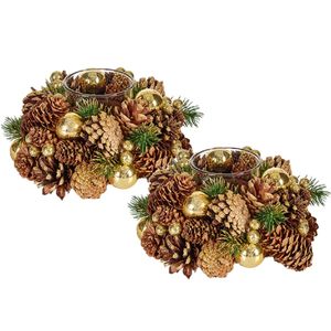 Set van 2x stuks kerst thema kaarsenhouders ornament bruin met goud nature 18 cm