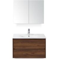 Dante Badmeubelset 80 cm - Walnoot - Keramische Wastafel Wit Enjoy met Spiegelkast