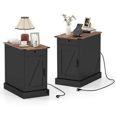 Bijzettafel Dressoir Met Oplaadstation Nachtkastje Met Neerklapbaar Tafelblad (Set van 2)-Zwart