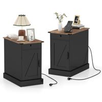 Bijzettafel Dressoir Met Oplaadstation Nachtkastje Met Neerklapbaar Tafelblad (Set van 2)-Zwart