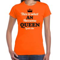 Koningsdag verkleed T-shirt voor dames - Queen - oranje - feestkleding - thumbnail