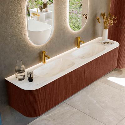 Badmeubel Mondiaz Kurve-Dlux | 200 cm cm | Meubelkleur Ruby | Wastafelkleur Ostra | Solid surface | Wasbak beiden zijden spoelbak | 2 kraangaten