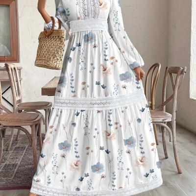 Bon&Bon Plus Size Floral Boho Maxi Dress | Long Lantern Sleeve White / 4XL