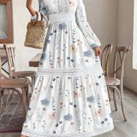 Bon&Bon Plus Size Floral Boho Maxi Dress | Long Lantern Sleeve White / 4XL