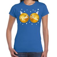 Fout kerst t-shirt blauw met gouden kerst ballen voor dames - thumbnail