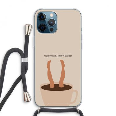 Aggressively drinks coffee: iPhone 12 Pro Max Transparant Hoesje met koord Aggressively drinks coffee: iPhone 12 Pro Max Transparant Hoesje met koord