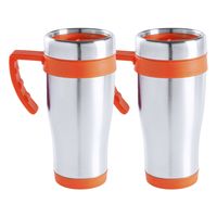 Warmhoudbeker/thermos isoleer koffiebeker/mok - 2x - RVS - zilver/oranje - 450 ml