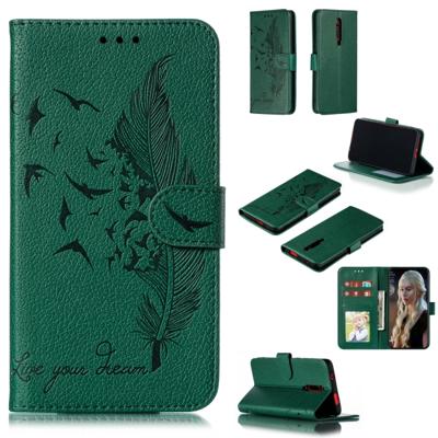 Feather patroon Litchi textuur horizontale Flip lederen draagtas met portemonnee & houder & kaartsleuven voor Xiaomi Redmi K20 (groen)