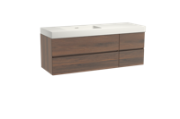Storke Edge zwevend badmeubel 150 x 52 cm notenhout met Mata High asymmetrisch linkse wastafel in solid surface mat wit