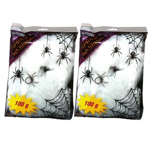 Decoratie spinnenweb/spinrag met spinnen - 4x - 100 gram - wit - Halloween/horror versiering