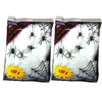 Decoratie spinnenweb/spinrag met spinnen - 4x - 100 gram - wit - Halloween/horror versiering - thumbnail