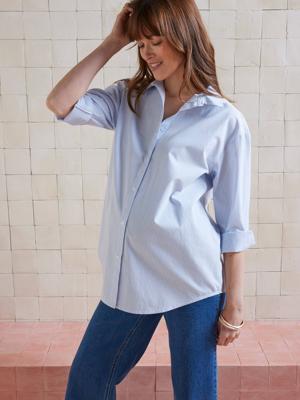 Popeline shirt voor zwangerschap en borstvoeding bleekblauw