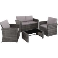 tectake® - Wicker zitgroep loungeset tuinset Lucca - 1 bank/2 stoelen/1 tafel met glasplaat - grijs - 404918