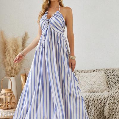 Boho Blue and White Striped Halter Neck Backless Maxi Dress Blue and White / S