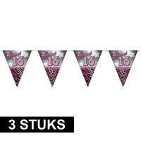 Sweet 16 Sixteen vlaggenlijn slinger - 3x stuks - plastic - 10 meter - versiering - roze/zilver