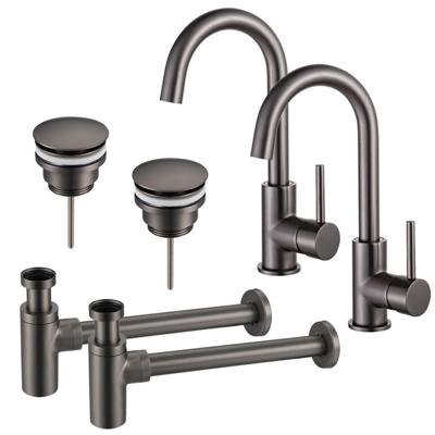 Fortifura Calvi Wastafelkraanset - voor dubbele wastafel - hoge wastafelkraan - draaibare uitloop - klikwaste plug - design sifon - Geborsteld Gunmetal PVD 2x SW809350/2x SW767288/2x SW767297