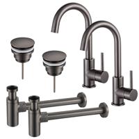 Fortifura Calvi Wastafelkraanset - voor dubbele wastafel - hoge wastafelkraan - draaibare uitloop - klikwaste plug - design sifon - Geborsteld Gunmetal PVD 2x SW809350/2x SW767288/2x SW767297